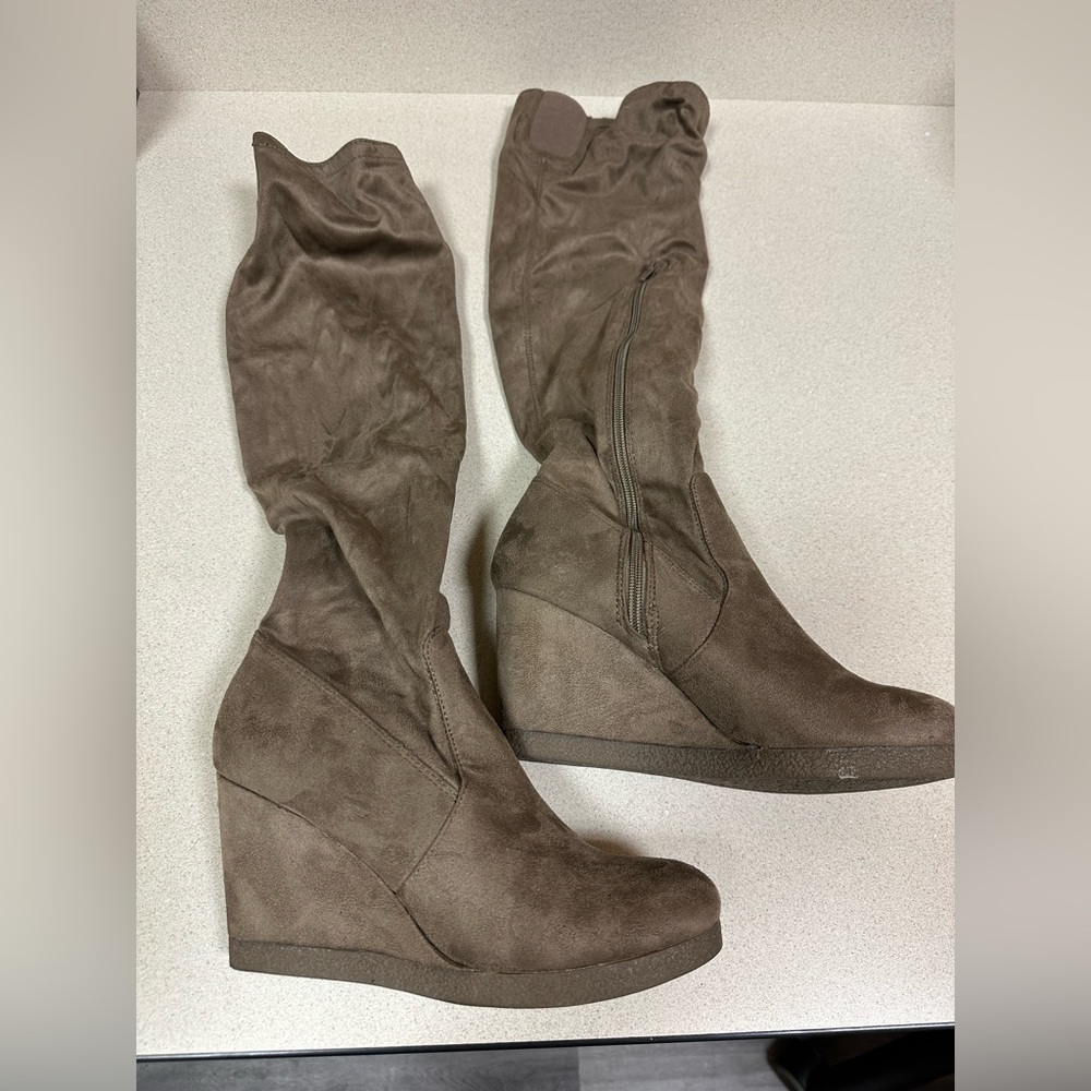 JustFab | Taupe Fiora Wide-Width Wide-Calf Wedge Boot - Women